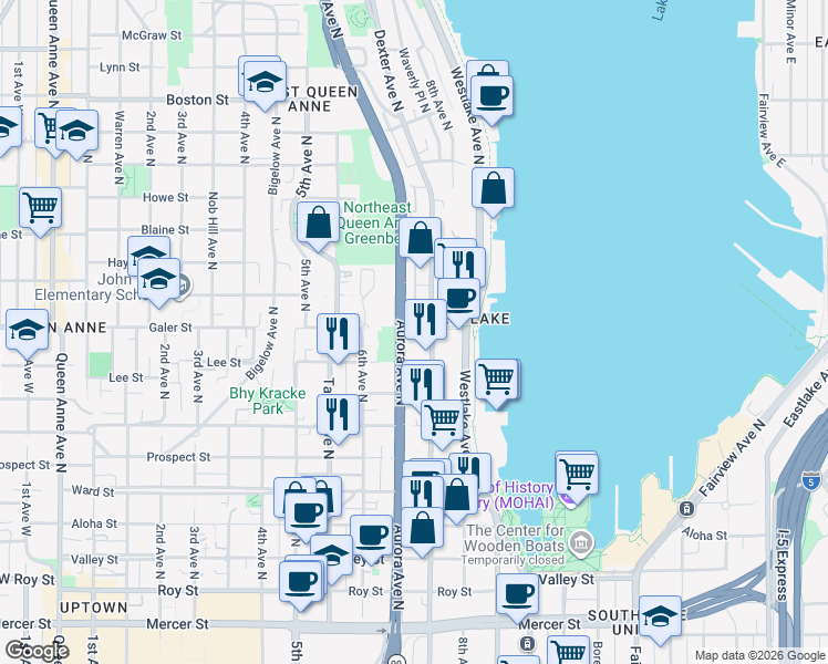 map of restaurants, bars, coffee shops, grocery stores, and more near 701 Galer Street in Seattle