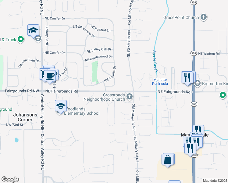 map of restaurants, bars, coffee shops, grocery stores, and more near 699 Northeast Fairgrounds Road in Bremerton