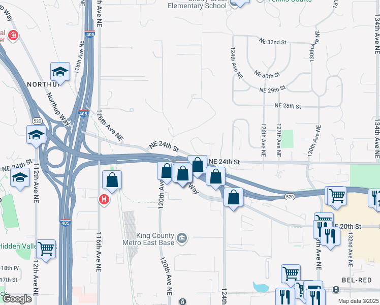 map of restaurants, bars, coffee shops, grocery stores, and more near 12140 Northeast 24th Street in Bellevue