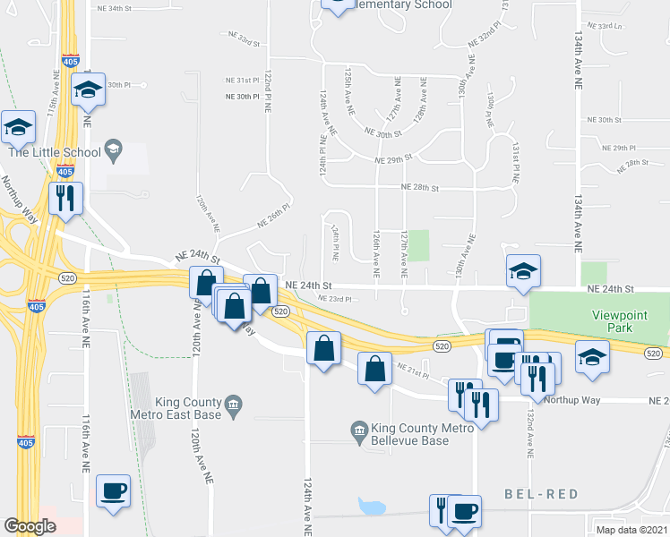 map of restaurants, bars, coffee shops, grocery stores, and more near 2412 124th Place Northeast in Bellevue