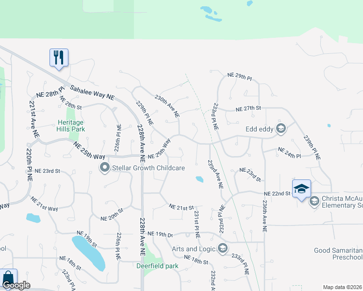 map of restaurants, bars, coffee shops, grocery stores, and more near 22949 Northeast 24th Place in Sammamish