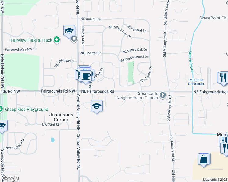 map of restaurants, bars, coffee shops, grocery stores, and more near 427 Northeast Conifer Drive in Bremerton