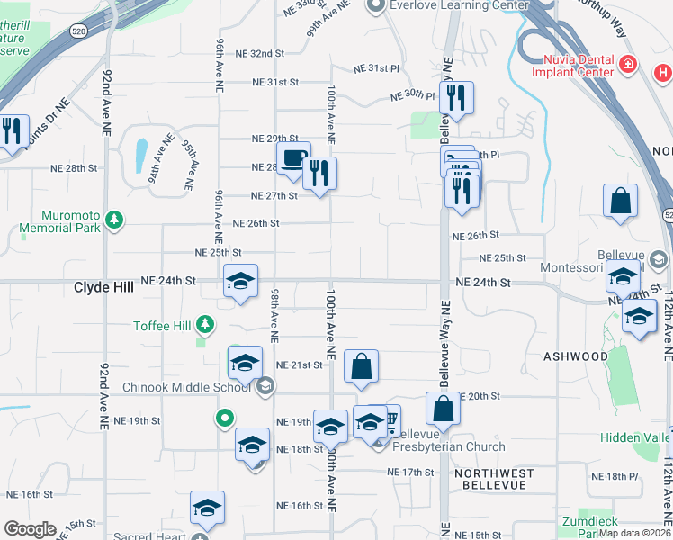 map of restaurants, bars, coffee shops, grocery stores, and more near 2400 100th Avenue Northeast in Bellevue