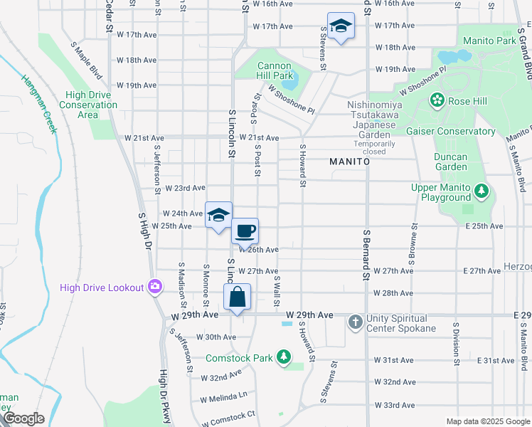 map of restaurants, bars, coffee shops, grocery stores, and more near 715 West 24th Avenue in Spokane