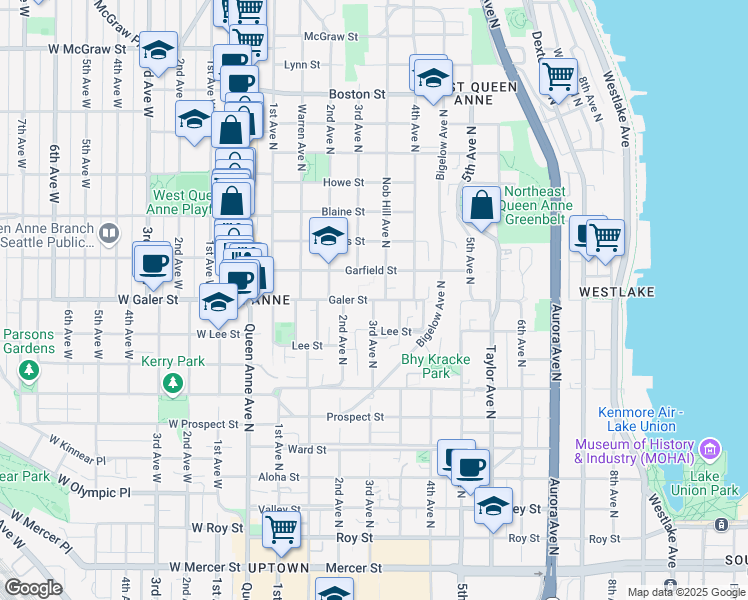 map of restaurants, bars, coffee shops, grocery stores, and more near 3rd Ave N & Galer St in Seattle