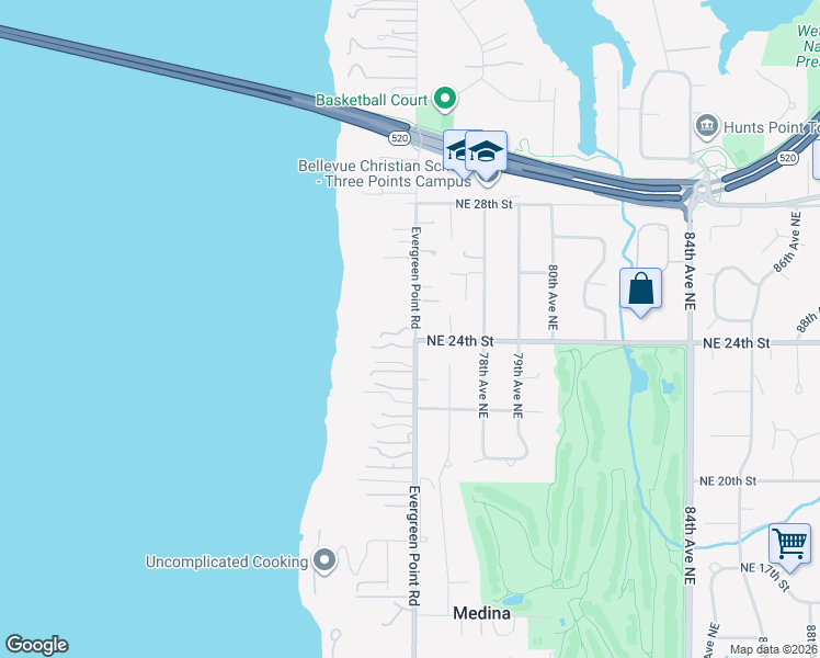 map of restaurants, bars, coffee shops, grocery stores, and more near 2403 Evergreen Point Road in Medina
