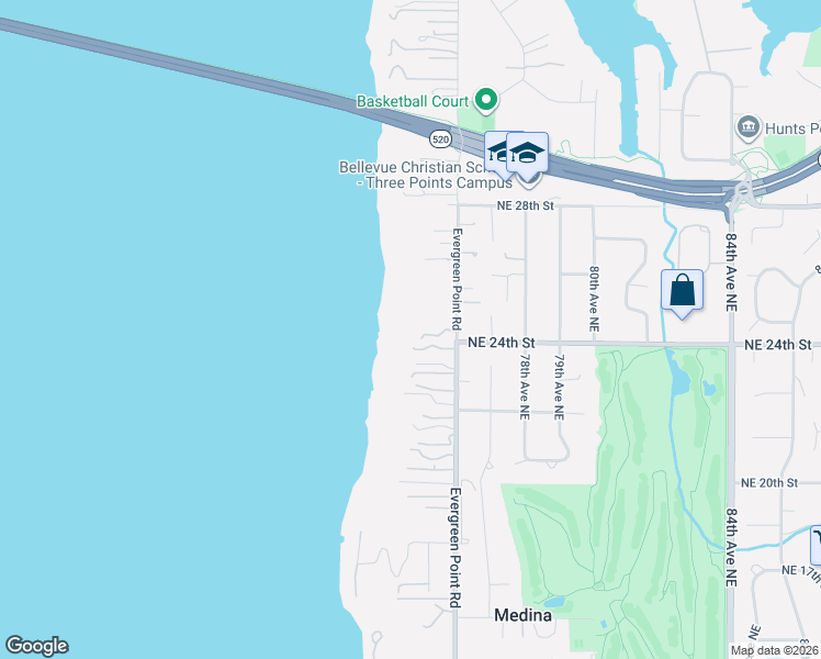 map of restaurants, bars, coffee shops, grocery stores, and more near 2409 Evergreen Point Road in Medina