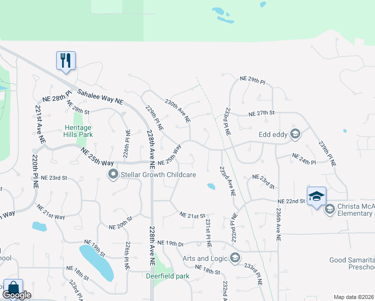 map of restaurants, bars, coffee shops, grocery stores, and more near 22949 Northeast 24th Place in Sammamish