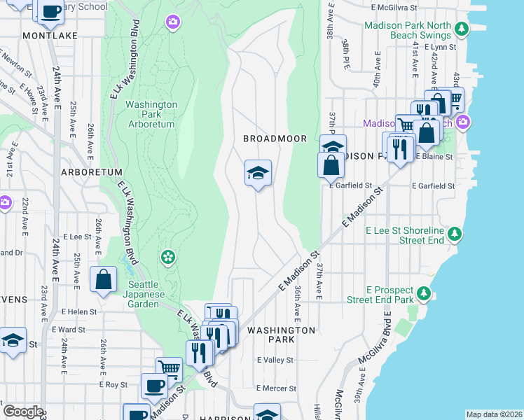 map of restaurants, bars, coffee shops, grocery stores, and more near 1514 Shenandoah Drive East in Seattle