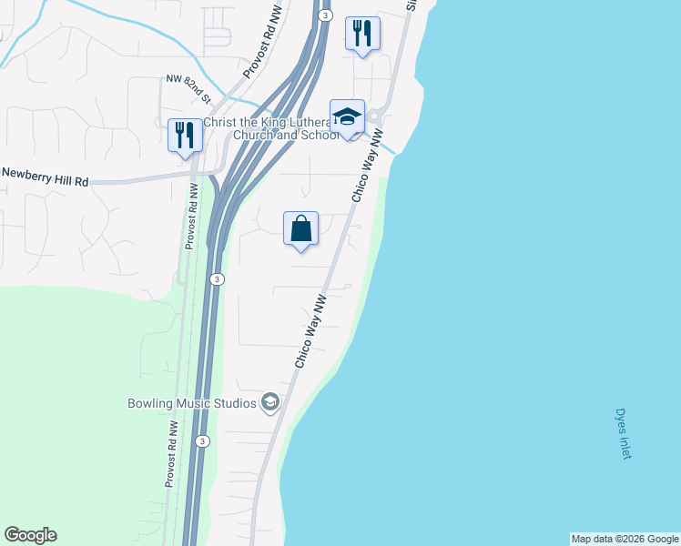 map of restaurants, bars, coffee shops, grocery stores, and more near 7642 Chico Way Northwest in Bremerton