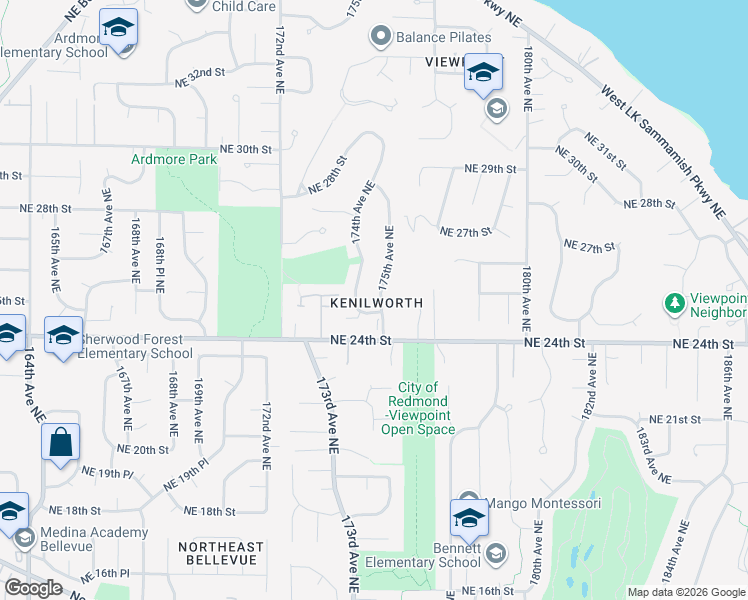 map of restaurants, bars, coffee shops, grocery stores, and more near 2514 174th Avenue Northeast in Redmond