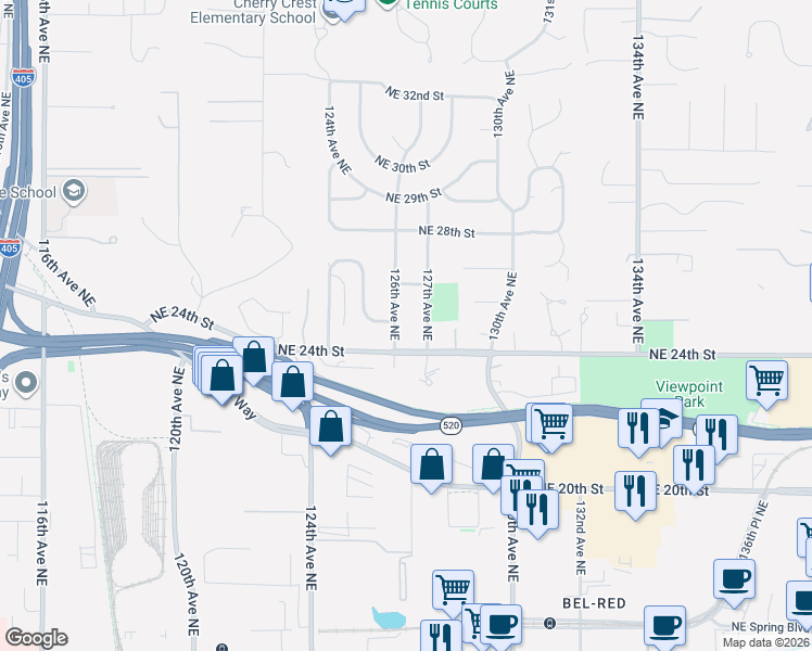 map of restaurants, bars, coffee shops, grocery stores, and more near 12523 Northeast 25th Street in Bellevue