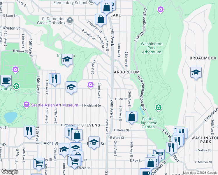 map of restaurants, bars, coffee shops, grocery stores, and more near 2218 East Galer Street in Seattle
