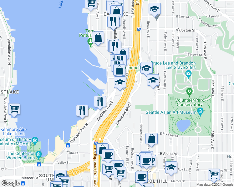 map of restaurants, bars, coffee shops, grocery stores, and more near 1506 Franklin Avenue East in Seattle