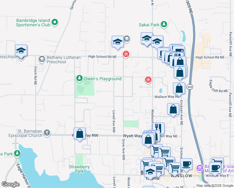 map of restaurants, bars, coffee shops, grocery stores, and more near 950 Lovell Avenue Northwest in Bainbridge Island