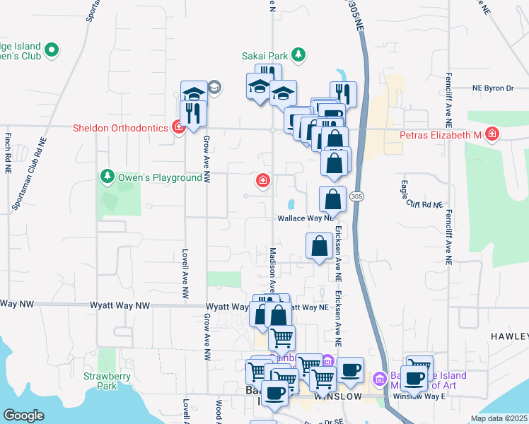 map of restaurants, bars, coffee shops, grocery stores, and more near 937 Madison Avenue North in Bainbridge Island