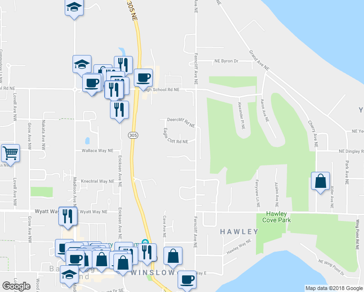 map of restaurants, bars, coffee shops, grocery stores, and more near 801 Eagle Cliff Road Northeast in Bainbridge Island