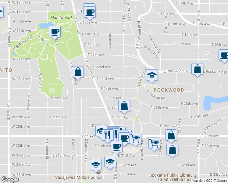 map of restaurants, bars, coffee shops, grocery stores, and more near 614 E 24th Ave in Spokane
