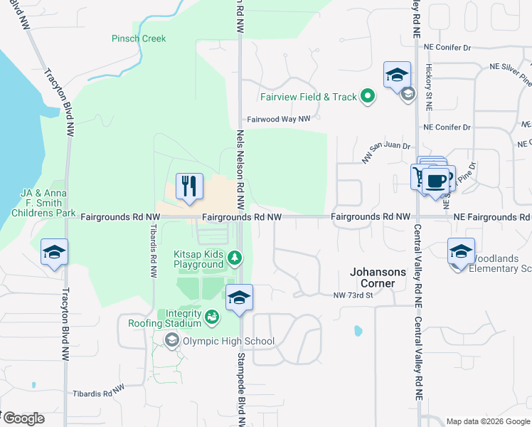 map of restaurants, bars, coffee shops, grocery stores, and more near 724 Fairgrounds Road Northwest in Bremerton