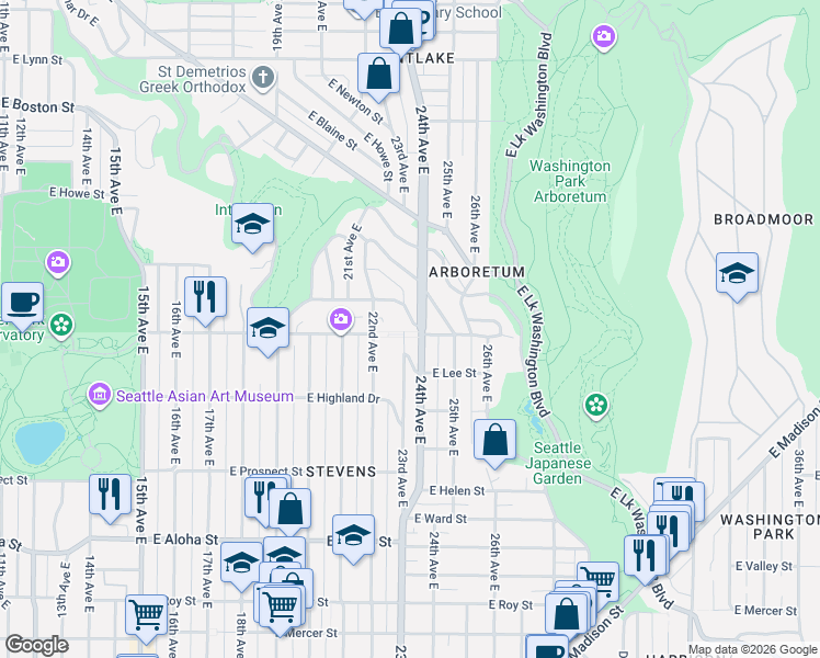 map of restaurants, bars, coffee shops, grocery stores, and more near 2218 East Galer Street in Seattle