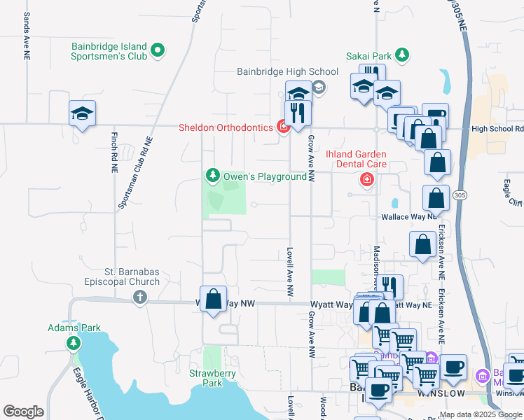 map of restaurants, bars, coffee shops, grocery stores, and more near 649 Janelle Place Northwest in Bainbridge Island