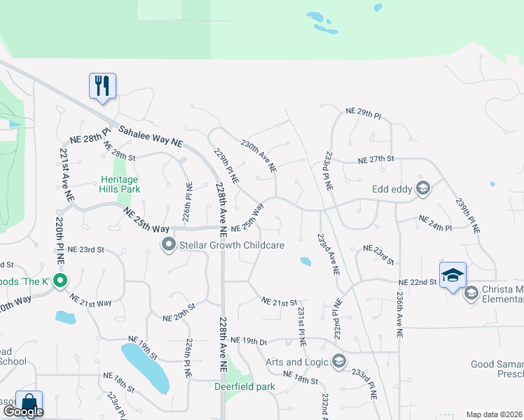 map of restaurants, bars, coffee shops, grocery stores, and more near 22915 Northeast 25th Way in Sammamish