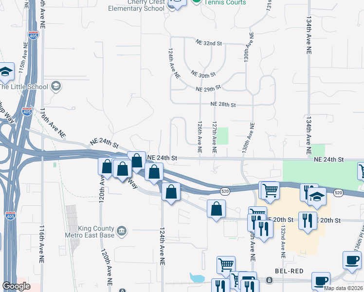 map of restaurants, bars, coffee shops, grocery stores, and more near 2412 124th Place Northeast in Bellevue