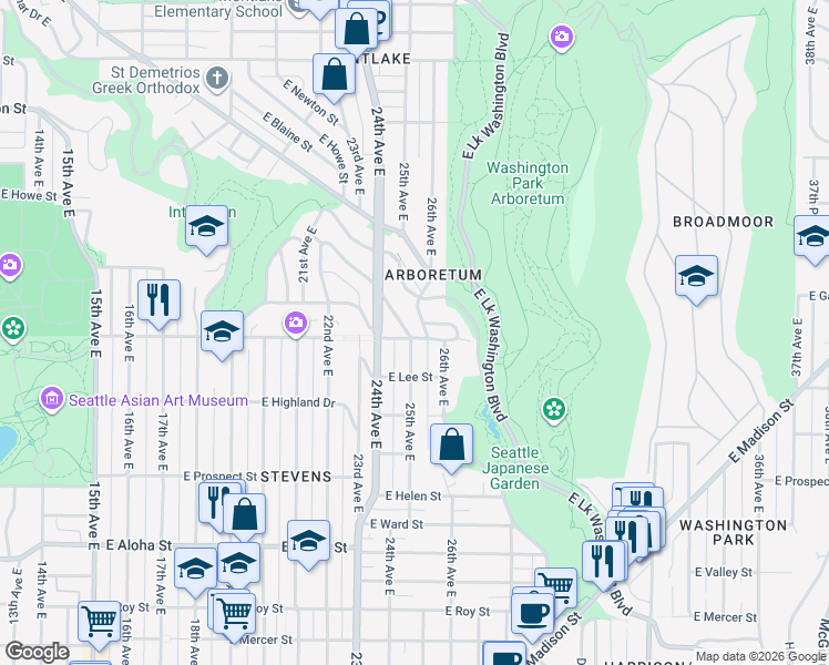 map of restaurants, bars, coffee shops, grocery stores, and more near 2603 East Garfield Street in Seattle
