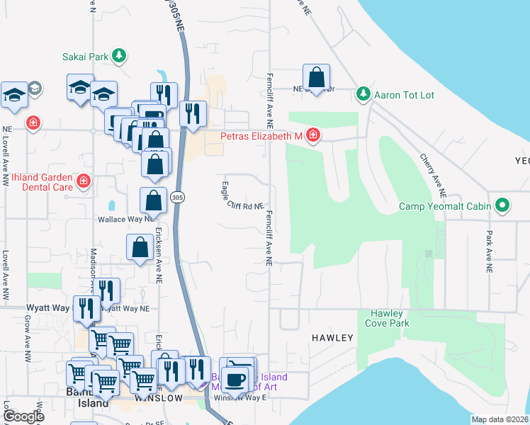 map of restaurants, bars, coffee shops, grocery stores, and more near 821 Eagle Cliff Road Northeast in Bainbridge Island