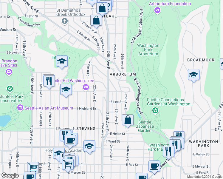 map of restaurants, bars, coffee shops, grocery stores, and more near 2410 East Galer Street in Seattle