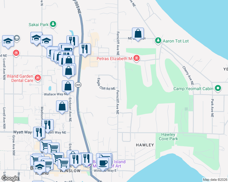 map of restaurants, bars, coffee shops, grocery stores, and more near 821 Eagle Cliff Road Northeast in Bainbridge Island