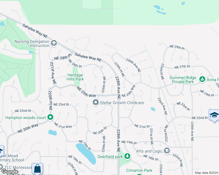 map of restaurants, bars, coffee shops, grocery stores, and more near 2515 227th Place Northeast in Sammamish