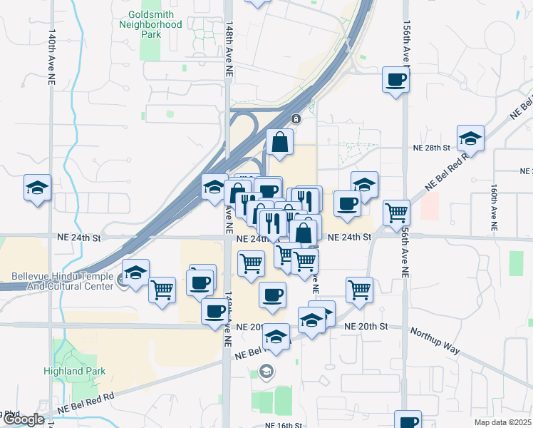 map of restaurants, bars, coffee shops, grocery stores, and more near 15000 Northeast 24th Street in Redmond
