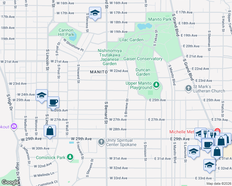 map of restaurants, bars, coffee shops, grocery stores, and more near 203 West 24th Avenue in Spokane