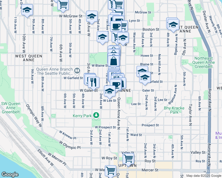 map of restaurants, bars, coffee shops, grocery stores, and more near 20 West Galer Street in Seattle