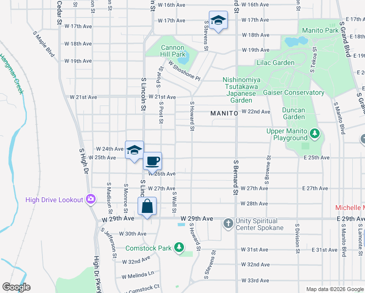 map of restaurants, bars, coffee shops, grocery stores, and more near 617 West 24th Avenue in Spokane