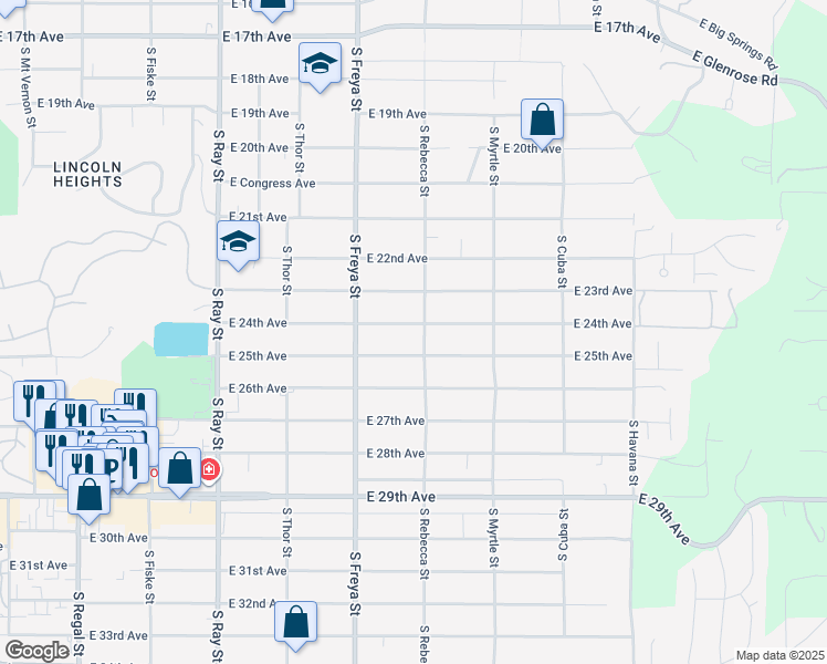 map of restaurants, bars, coffee shops, grocery stores, and more near 3724 East 24th Avenue in Spokane