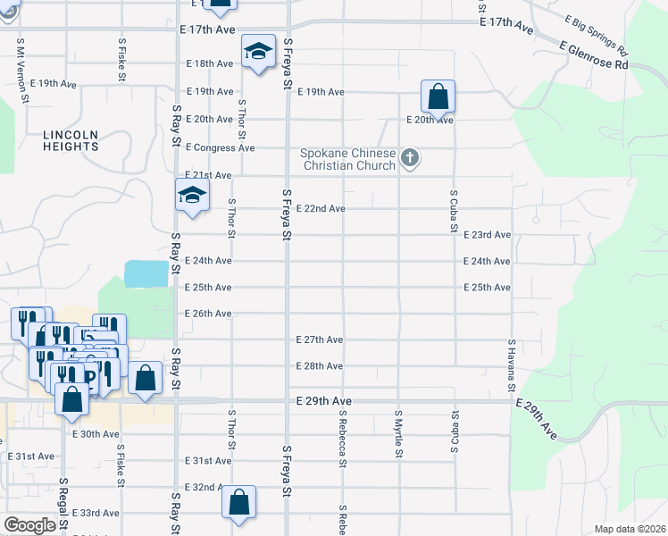 map of restaurants, bars, coffee shops, grocery stores, and more near 3724 East 24th Avenue in Spokane