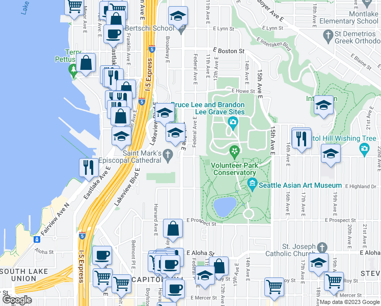map of restaurants, bars, coffee shops, grocery stores, and more near 1014 East Galer Street in Seattle