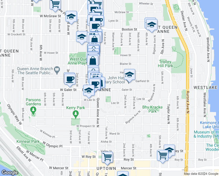 map of restaurants, bars, coffee shops, grocery stores, and more near 114 Galer Street in Seattle
