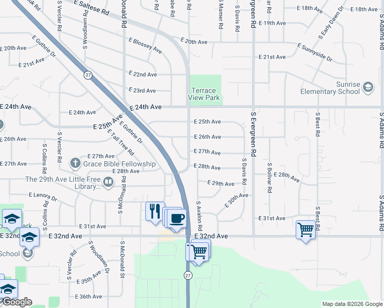 map of restaurants, bars, coffee shops, grocery stores, and more near 13502 East 27th Avenue in Spokane Valley