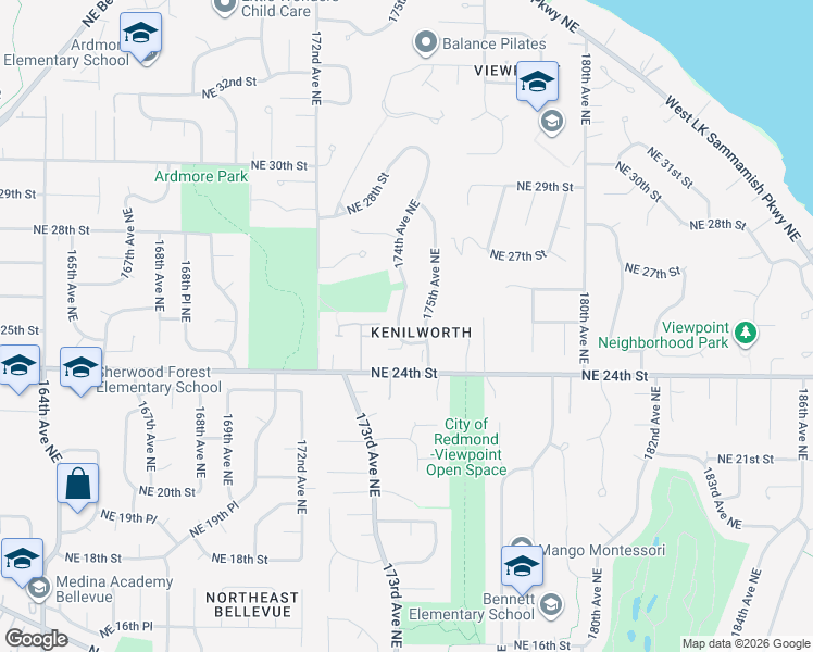 map of restaurants, bars, coffee shops, grocery stores, and more near 2514 174th Avenue Northeast in Redmond