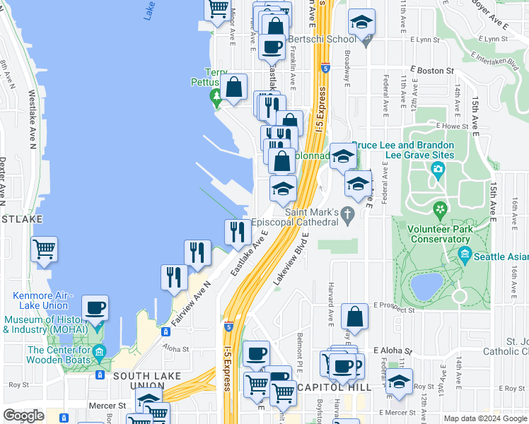 map of restaurants, bars, coffee shops, grocery stores, and more near 1500 Fairview Avenue East in Seattle