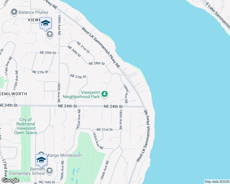 map of restaurants, bars, coffee shops, grocery stores, and more near 18527 Northeast 25th Way in Redmond