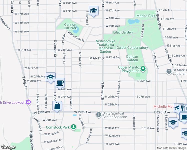 map of restaurants, bars, coffee shops, grocery stores, and more near 435 West 24th Avenue in Spokane