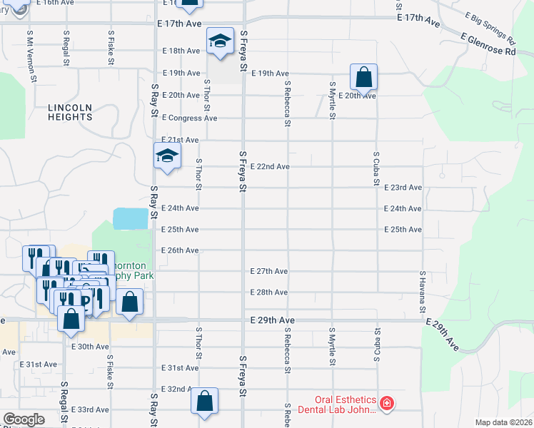 map of restaurants, bars, coffee shops, grocery stores, and more near 3618 East 24th Avenue in Spokane