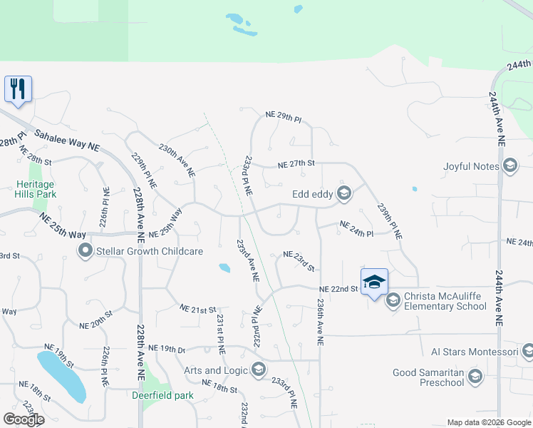 map of restaurants, bars, coffee shops, grocery stores, and more near 23341 Northeast 25th Way in Sammamish