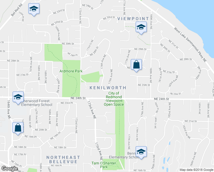 map of restaurants, bars, coffee shops, grocery stores, and more near 2514 174th Avenue Northeast in Redmond