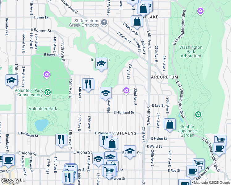 map of restaurants, bars, coffee shops, grocery stores, and more near 1903 East Crescent Drive in Seattle