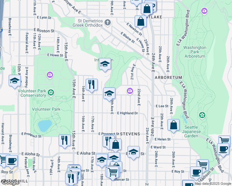 map of restaurants, bars, coffee shops, grocery stores, and more near 1903 East Crescent Drive in Seattle